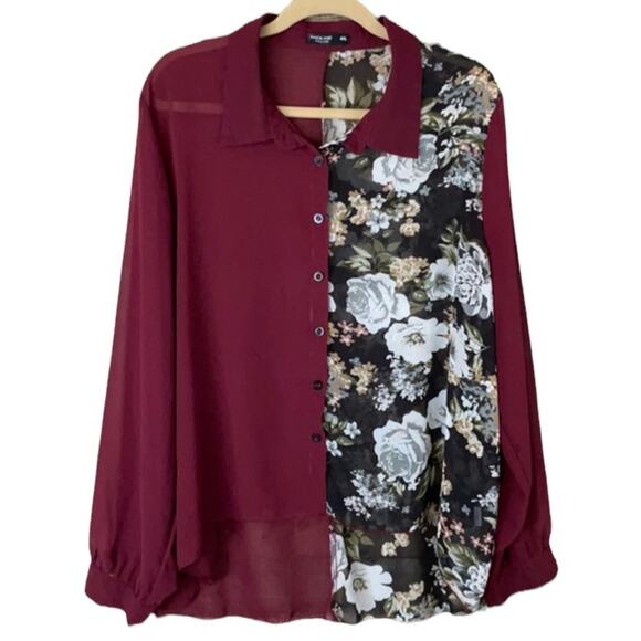 Shein Curve Two-toned Floral Button Down Sheer Long Sleeve Blouse Size 4XL 4X - Picture 1 of 9